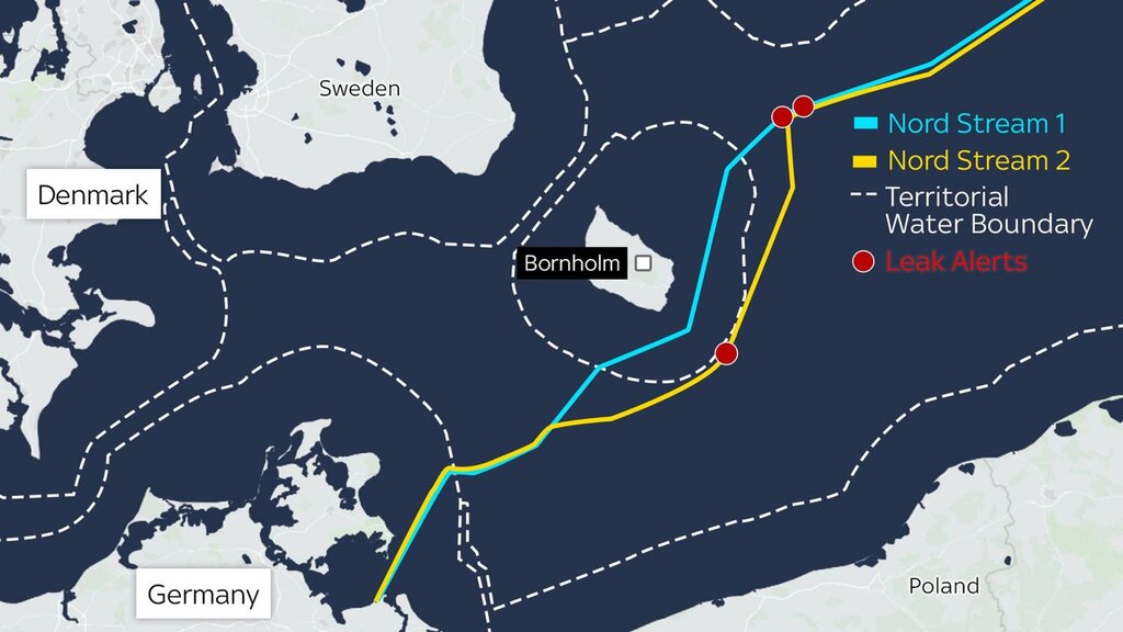 Bản đồ đường ống Nord Stream và Nord Stream 2 cùng các vị trí rò rỉ khí đốt. Ảnh chụp màn hình Sky News