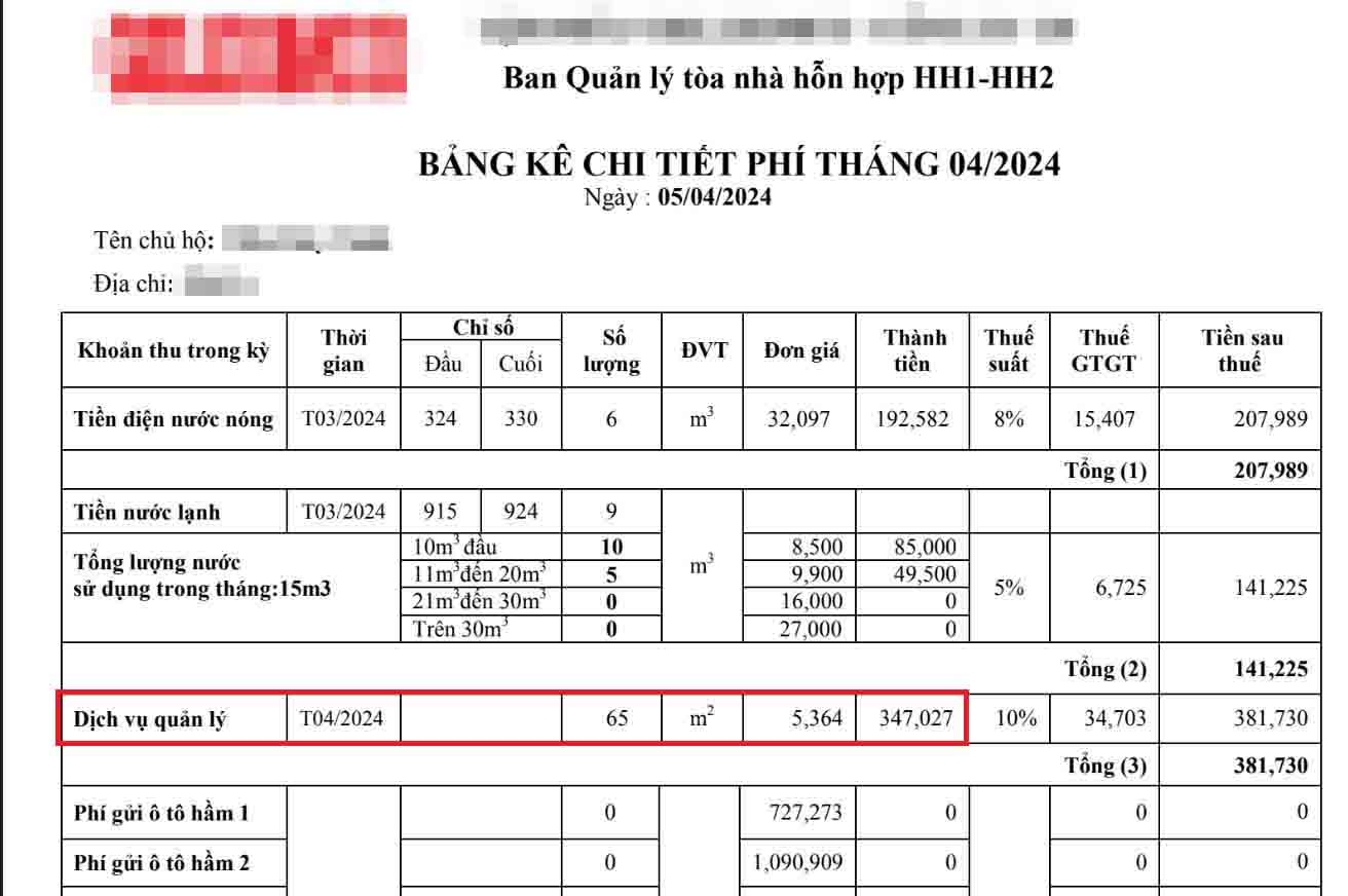 Giá phí dịch vụ tại 1 dự án nhà ở thương mại tại Hà Nội là 5.346 đồng/m2. Ảnh: Trần Tuấn