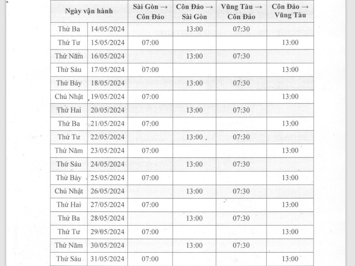 Lịch vận hành tàu cao tốc giữa TP HCM - Côn Đảo - Vũng Tàu. Ảnh chụp màn hình