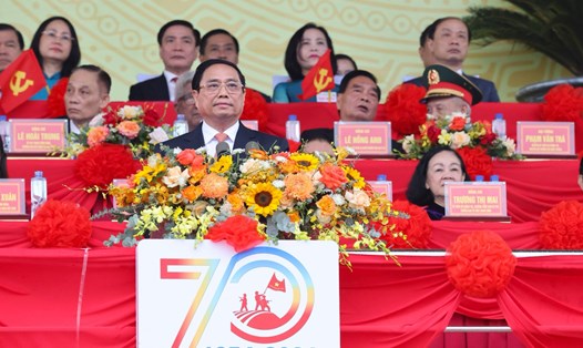 Ủy viên Bộ Chính trị, Thủ tướng Chính phủ Phạm Minh Chính trình bày diễn văn tại Lễ kỷ niệm 70 năm Chiến thắng Điện Biên Phủ (1954-2024). Ảnh: VGP/Nhật Bắc