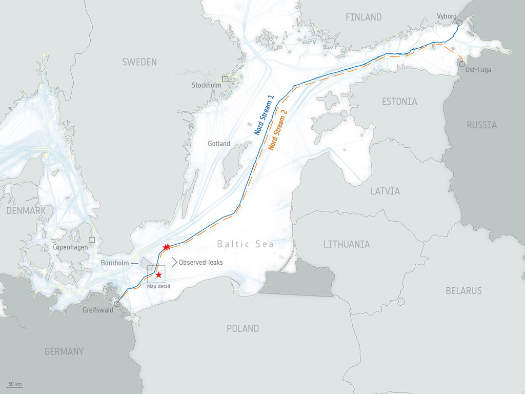 Bản đồ đường ống Nord Stream và Nord Stream 2. Ảnh: Cơ quan Vũ trụ châu Âu