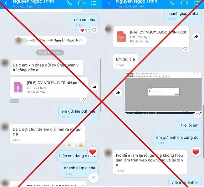 Đối tượng lừa đảo mạo danh ứng viên dự tuyển để gửi tệp nén CV lừa người dùng cài mã độc nhằm chiếm đoạt thông tin, tài sản. Ảnh: NCSC