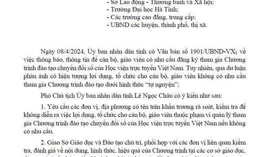 UBND tỉnh Hà Tĩnh ban hành văn bản chấn chỉnh tổ chức Chương trình đào tạo chuyển đổi số của Học viện trực tuyến Việt Nam. Ảnh: Quang Đại