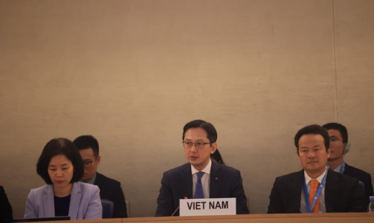 Đoàn Việt Nam tham gia Phiên đối thoại về Báo cáo quốc gia của Việt Nam theo Cơ chế rà soát định kỳ phổ quát (UPR) chu kỳ IV của Hội đồng Nhân quyền Liên Hợp Quốc. Ảnh: Bộ Ngoại giao
