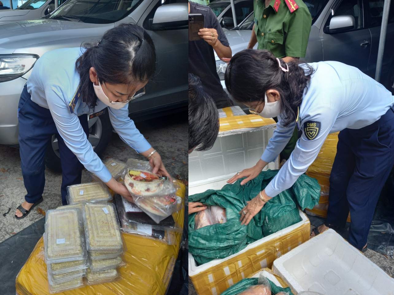 Lực lượng chức năng bắt giữ khối lượng lớn thực phẩm, hàng hóa không rõ nguồn gốc, xuất xứ. Ảnh: Lê Nguyên 