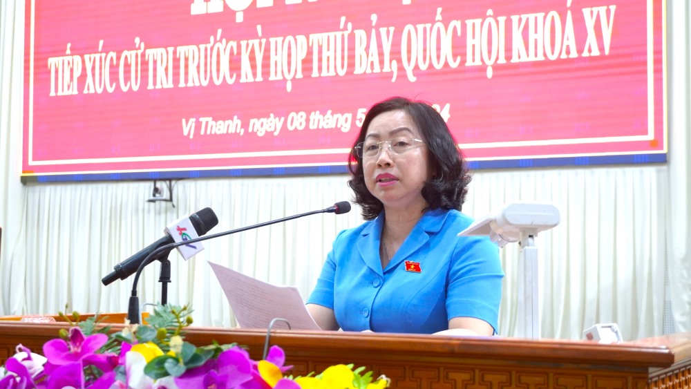 Phó Chủ tịch Tổng Liên đoàn lao động (LĐLĐ) Việt Nam Thái Thu Xương phát biểu tại buổi tiếp xúc cử tri. Ảnh: Tạ Quang
