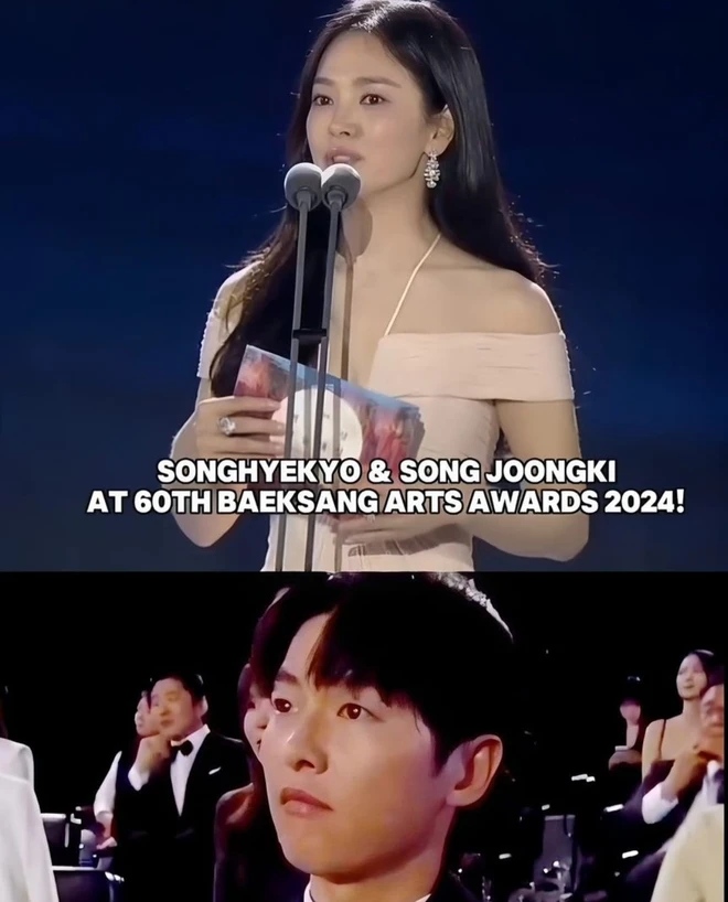 Song Joong Ki đơ người trước màn phát biểu trao giải thưởng của vợ cũ Song Hye Kyo. Ảnh: Cắt từ video.