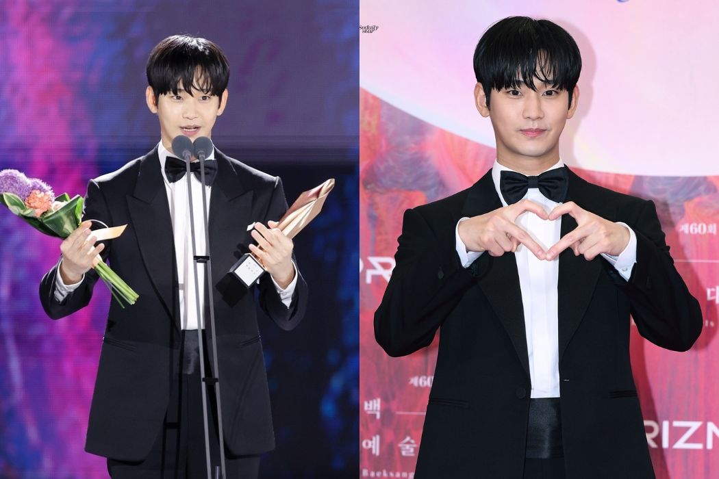 Kim Soo Hyun nhận giải Nam diễn viên được yêu thích do khán giả bình chọn tại Baeksang 2024. Ảnh: Naver