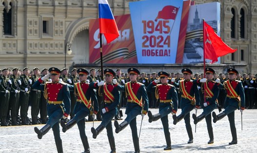 Các binh sĩ Nga tổng duyệt ngày 5.5 cho lễ duyệt binh Ngày Chiến thắng trên Quảng trường Đỏ. Ảnh: AFP