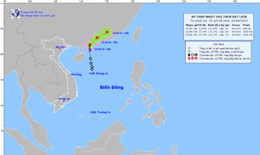Cập nhật vị trí và đường đi của áp thấp nhiệt đới lúc 4 giờ ngày 1.6. Ảnh: Trung tâm Dự báo Khí tượng Thủy văn Quốc gia