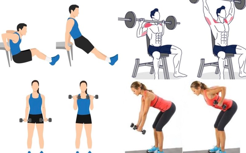 Một số bài tập kết hợp tạ có thể giúp giảm mỡ dưới cánh tay. Đồ họa: Hương Giang