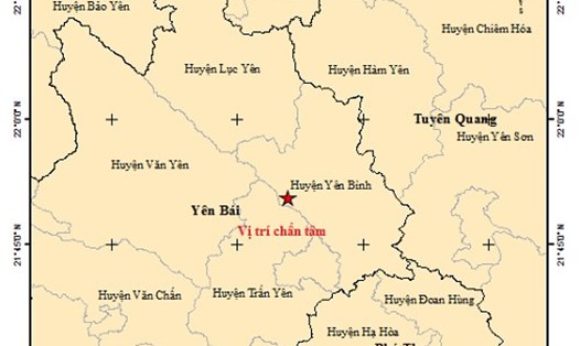 Bản đồ tâm chấn trận động đất ngày 6.6 tại tỉnh Yên Bái. Ảnh: Viện Vật lý địa cầu