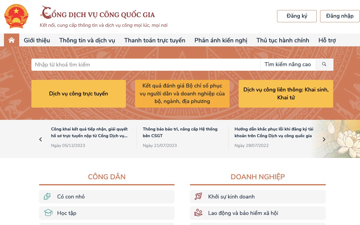 Truy cập vào cổng Dịch vụ công quốc gia (tại địa chỉ dichvucong.gov.vn) hoặc trên ứng dụng VNelD, lựa chọn mục dịch vụ để thực hiện nộp hồ sơ trực tuyến. Ảnh: Chụp màn hình