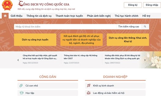 Truy cập vào cổng Dịch vụ công quốc gia (tại địa chỉ dichvucong.gov.vn) hoặc trên ứng dụng VNelD, lựa chọn mục dịch vụ để thực hiện nộp hồ sơ trực tuyến. Ảnh: Chụp màn hình