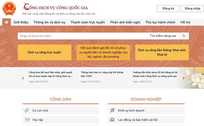 Truy cập vào cổng Dịch vụ công quốc gia (tại địa chỉ dichvucong.gov.vn) hoặc trên ứng dụng VNelD, lựa chọn mục dịch vụ để thực hiện nộp hồ sơ trực tuyến. Ảnh: Chụp màn hình
