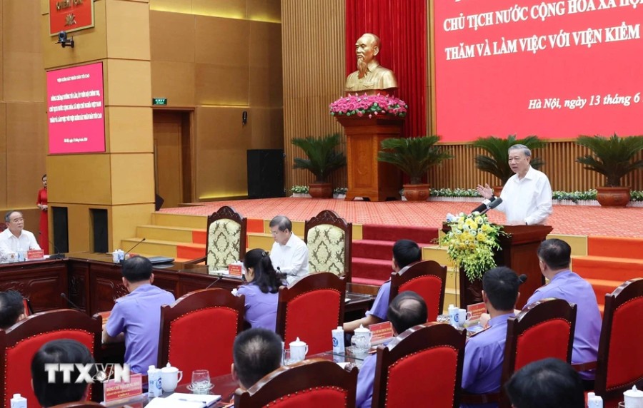 Chủ tịch nước Tô Lâm phát biểu tại buổi làm việc với Viện Kiểm sát Nhân dân tối cao. Ảnh: Nhan Sáng/TTXVN