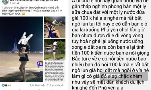 Fanpage "Địa Điểm Ăn Uống - Nghỉ Dưỡng Phú Yên" đăng tải thông tin du khách phản ánh khi bị quán nước "chặt chém". Đồ họa: Hoài Luân