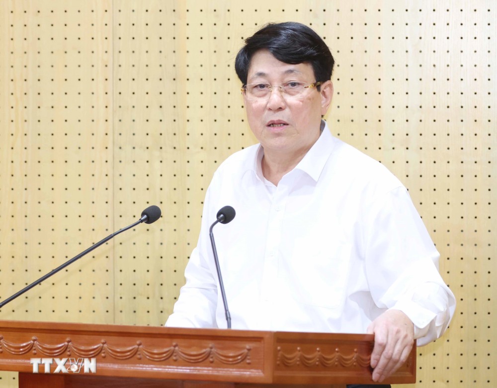 Ủy viên Bộ Chính trị, Thường trực Ban Bí thư Lương Cường phát biểu tại buổi làm việc với Ban Tổ chức Trung ương ngày 13.6. Ảnh: TTXVN