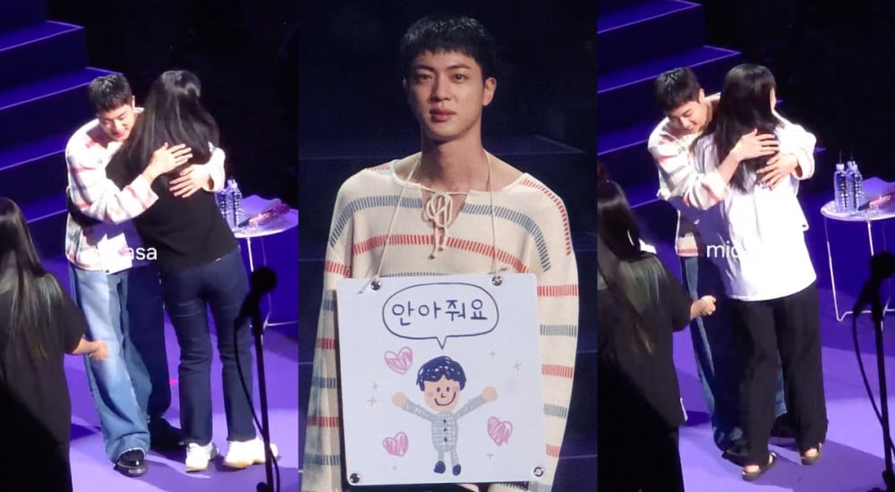 Hầu hết các fan tham dự đều rất điềm tĩnh khi lên ôm Jin. Ảnh: Twitter