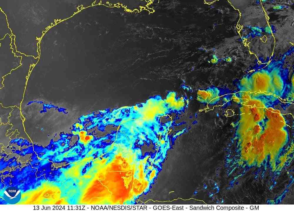 Hệ thống nhiệt đới ngày 13.6 ở Vịnh Mexico có thể trở thành cơn bão số 1 vào tuần tới. Ảnh: NOAA