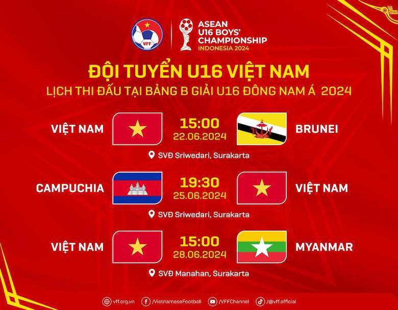 Lịch thi đấu của U16 Việt Nam tại giải U16 Đông Nam Á 2024. Ảnh: VFF