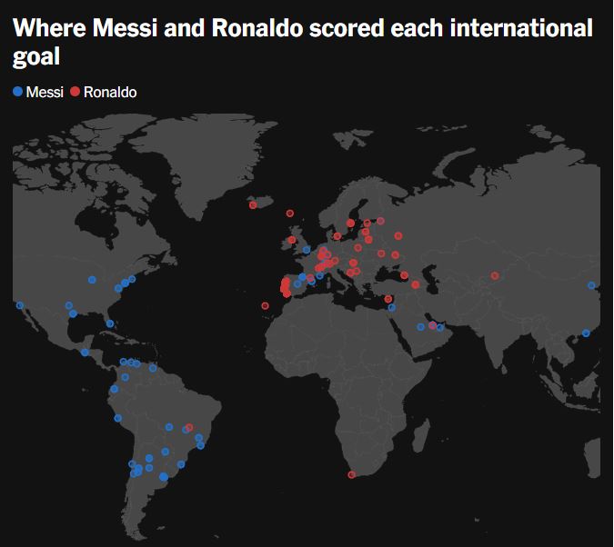 Những nơi Messi (chấm xanh) và Ronaldo (chấm đỏ) đã ghi bàn trong sự nghiệp đội tuyển. Ảnh: The Atheltic