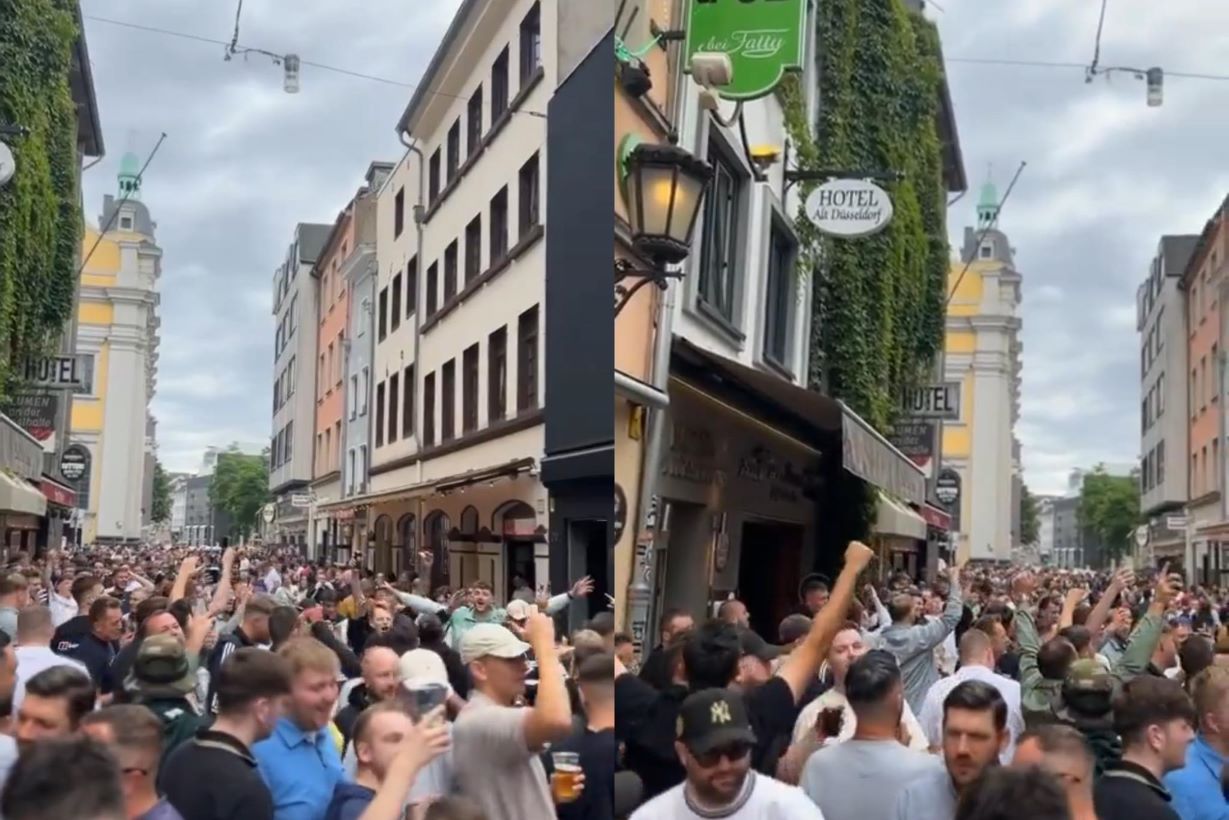 Không khí sôi động của người hâm mộ Anh trên đường phố Đức. Ảnh cắt từ video 