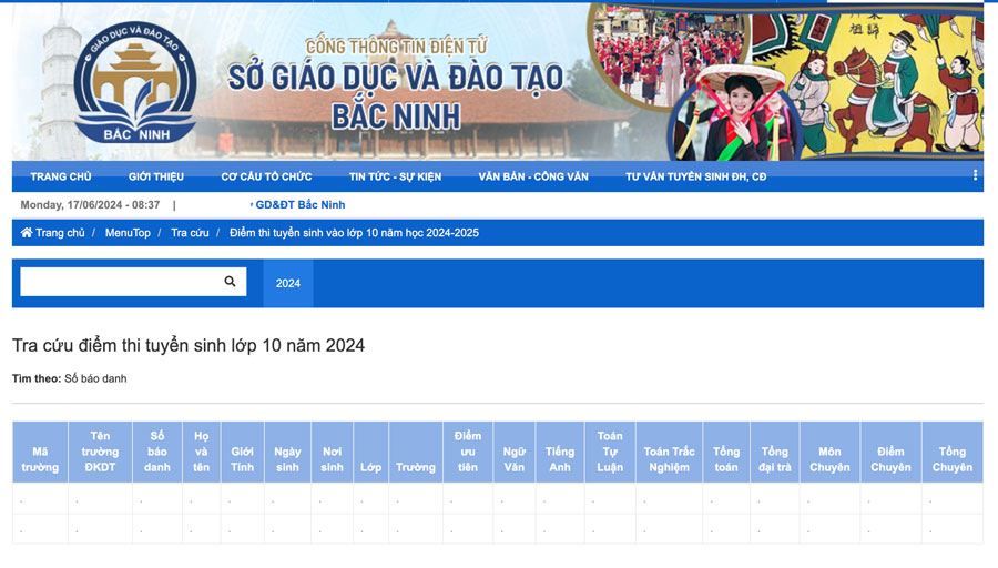 Đã có điểm thi vào lớp 10 Bắc Ninh năm 2024. Ảnh: Chụp màn hình