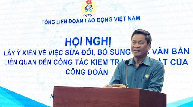 Phó Chủ tịch Tổng Liên đoàn Lao động Việt Nam Huỳnh Thanh Xuân phát biểu tại hội nghị. Ảnh: L.Ngọc 