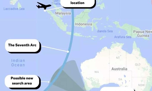 Vị trí cuối cùng của MH370 (trên) thuộc vòng cung thứ 7 (The Seventh Arc) và nơi phát tín hiệu hydrophone (dưới, phải) có thể dẫn đến khu vực tìm kiếm mới (màu ghi xám). Ảnh: Google Maps/Newsweek