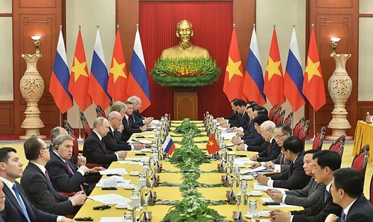 Quang cảnh hội đàm giữa Tổng Bí thư Nguyễn Phú Trọng và Tổng thống Nga Vladimir Putin. Ảnh: Hải Nguyễn