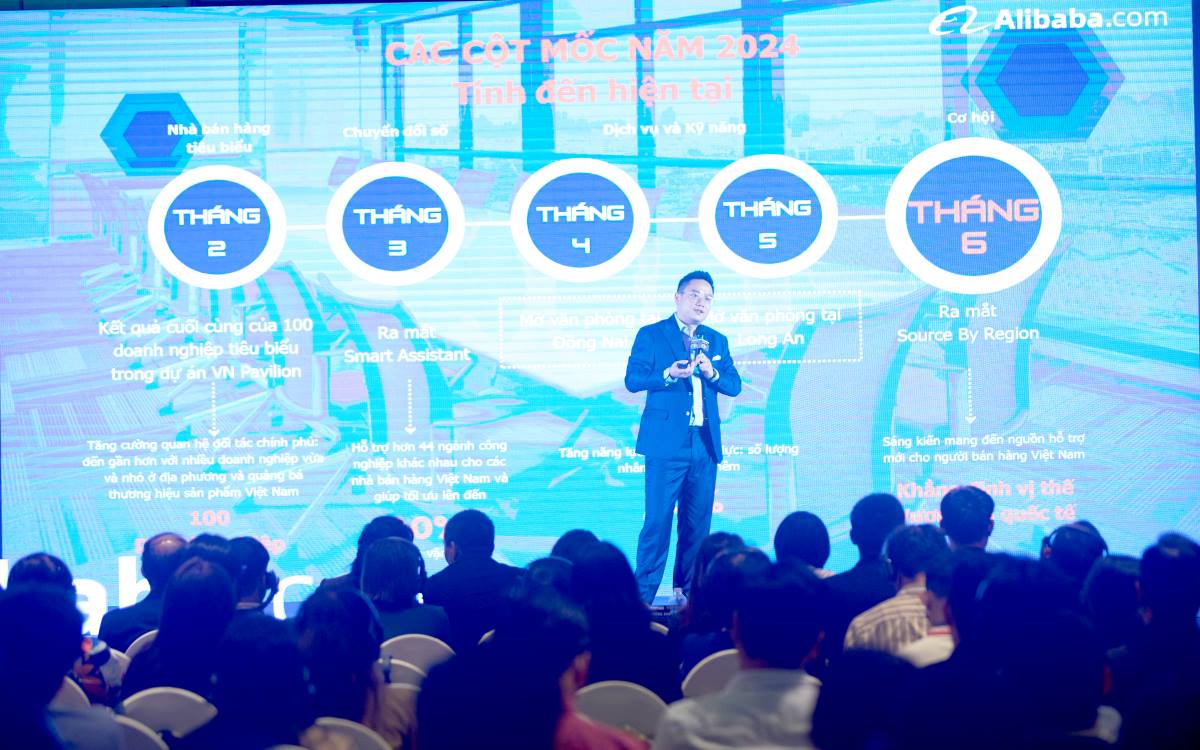 Ông Mike Zhang, Giám đốc Quốc gia Alibaba.com Việt Nam chia sẻ về các cột mốc năm 2024 của Alibaba.com tại Việt Nam. Ảnh: Thục Văn