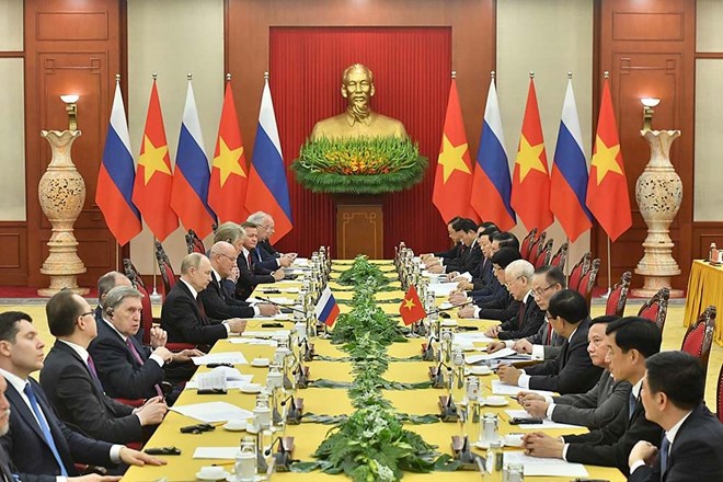 Quang cảnh hội đàm giữa Tổng Bí thư Nguyễn Phú Trọng và Tổng thống Nga Vladimir Putin. Ảnh: Hải Nguyễn