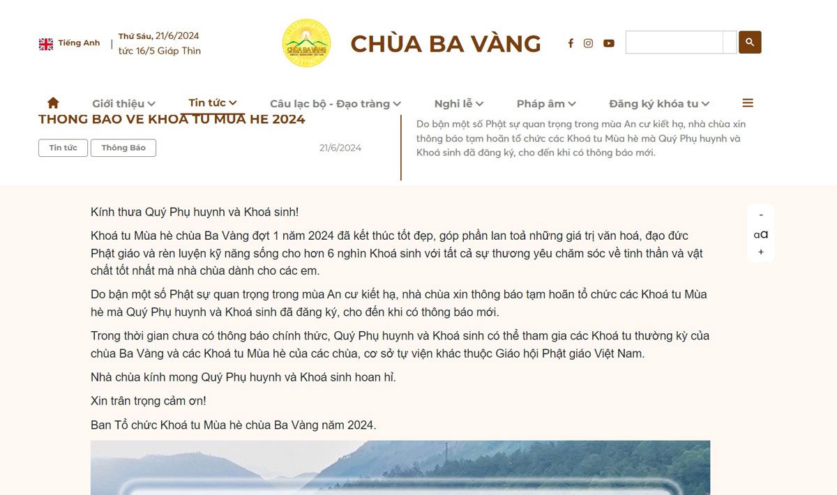 Thông báo tạm hoãn trên trang web chùa  Ba Vàng. Ảnh chụp lại từ màn hình