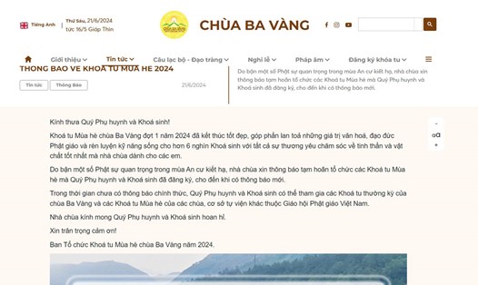 Thông báo tạm hoãn trên trang web chùa Ba Vàng. Ảnh chụp lại từ màn hình