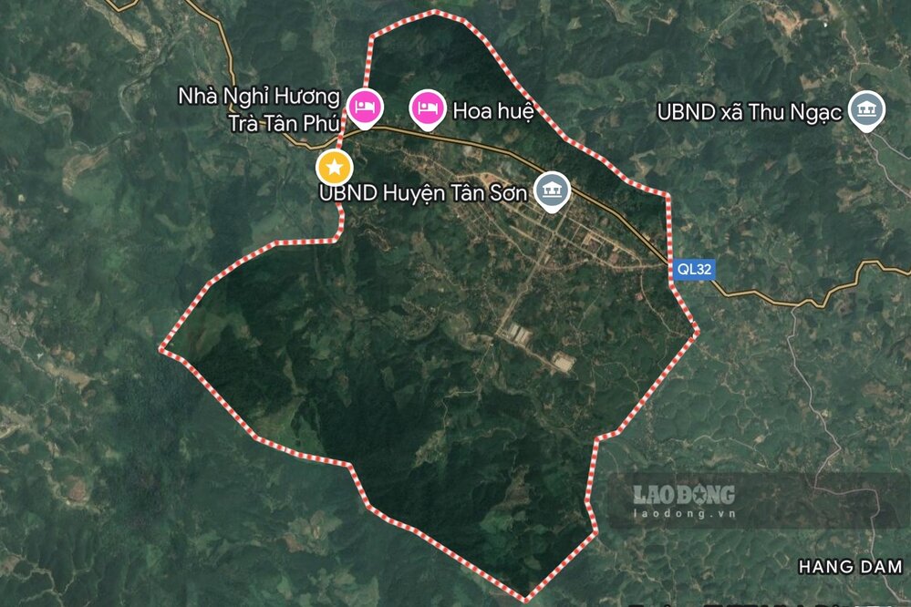 Xã Tân Phú nằm ở vị trí trung tâm của huyện lỵ huyện Tân Sơn. Đồ họa: Tô Công.