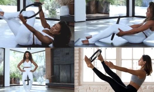 Bài tập pilates kết hợp với vòng giúp lấy lại vóc dáng săn chắc. Đồ hoạ: Hương giang