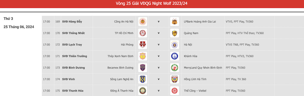 Lịch thi đấu vòng 25 V.League 2023-2024. 