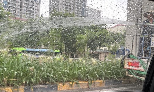 Hình ảnh "công nhân tưới nước dưới trời mưa tầm tã" được lan truyền trên mạng xã hội sáng nay. Ảnh chụp màn hình