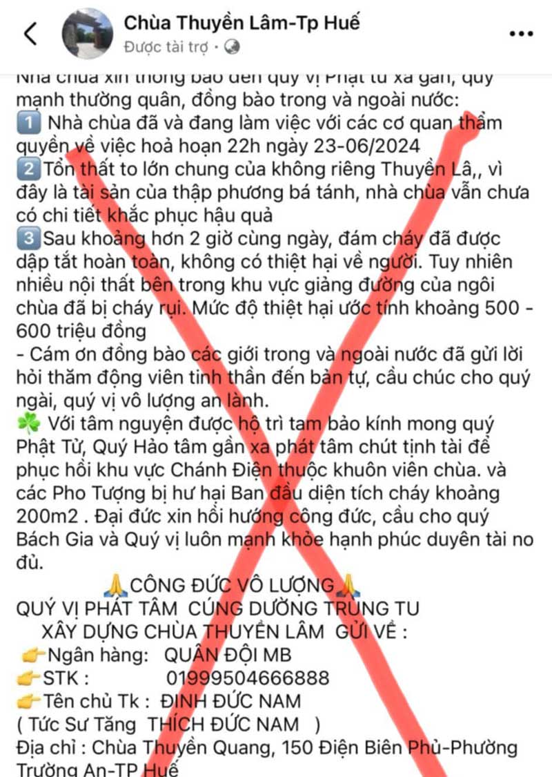 Tài khoản giả mạo chùa Thuyền Lâm trên mạng xã hội Facebook để kêu gọi "cúng dường trùng tu" sau vụ hỏa hoạn tối 23.6. Ảnh: Tường Minh
