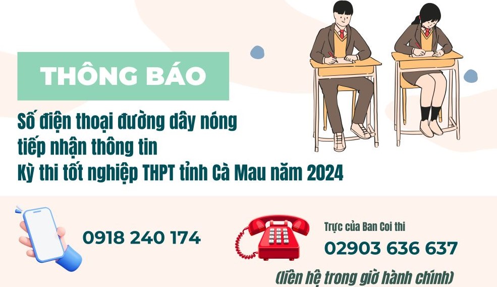 Tỉnh Cà Mau chính thức công bố số điện thoại đường dây nóng phục vụ kỳ thi tốt nghiệp THPT năm 2024. Ảnh: Nhật Hồ