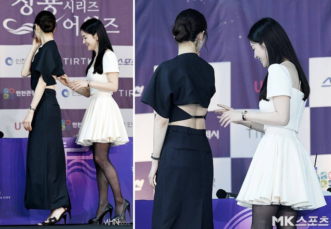 Song Hye Kyo thích thú khi thấy Suzy mặc hở. Ảnh: Naver