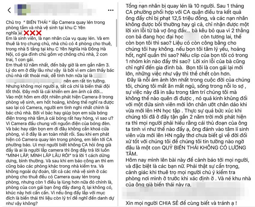 Bài viết tố chủ nhà trọ tại quận Hà Đông, Hà Nội lắp camera quay lén. Ảnh: Chụp màn hình