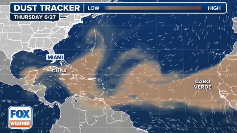 Bụi Sahara đến ngày 27.6.2024. Ảnh: FOX Weather