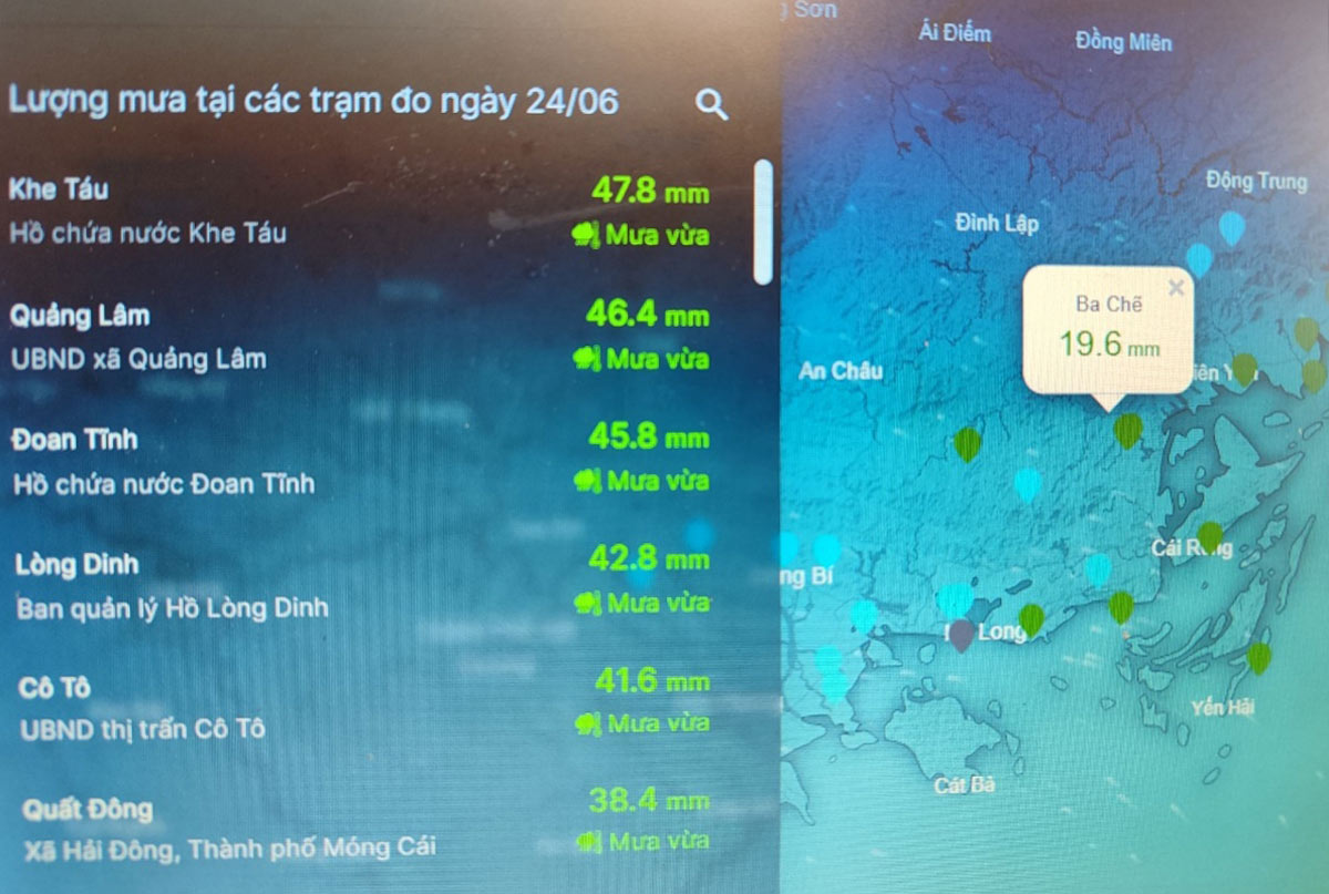 Hệ thống đo mưa tự động sẽ truyền tín hiệu về phần mềm quản lý, cập nhật liên tục lượng mưa để người dân và chính quyền địa phương chủ động trong công tác ứng phó với mưa, lũ. Ảnh: Chụp lại màn hình