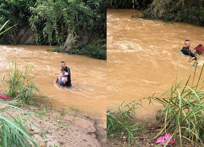 2 thanh niên lao xuống dòng suối chảy xiết cứu bé gái bị nước cuốn trôi