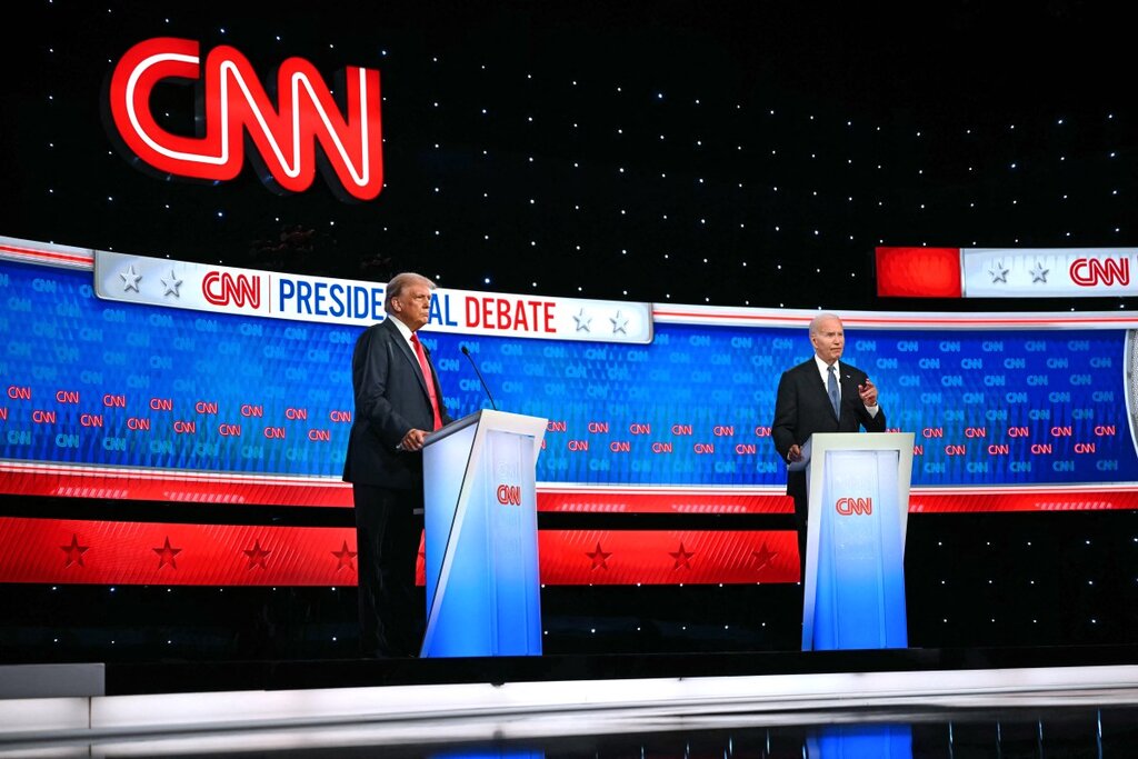 Ông Joe Biden và ông Donald Trump trong phiên tranh luận đầu tiên của cuộc bầu cử tổng thống Mỹ 2024. Ảnh: AFP