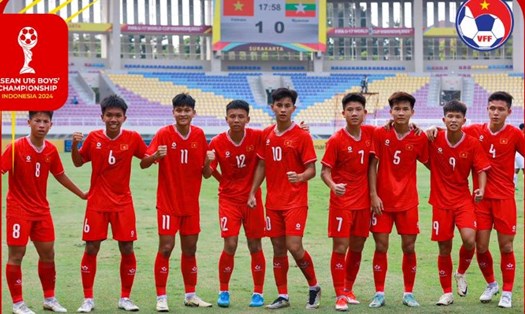 U16 Việt Nam giành vé vào bán kết giải U16 Đông Nam Á 2024 với ngôi nhất bảng A. Ảnh: VFF