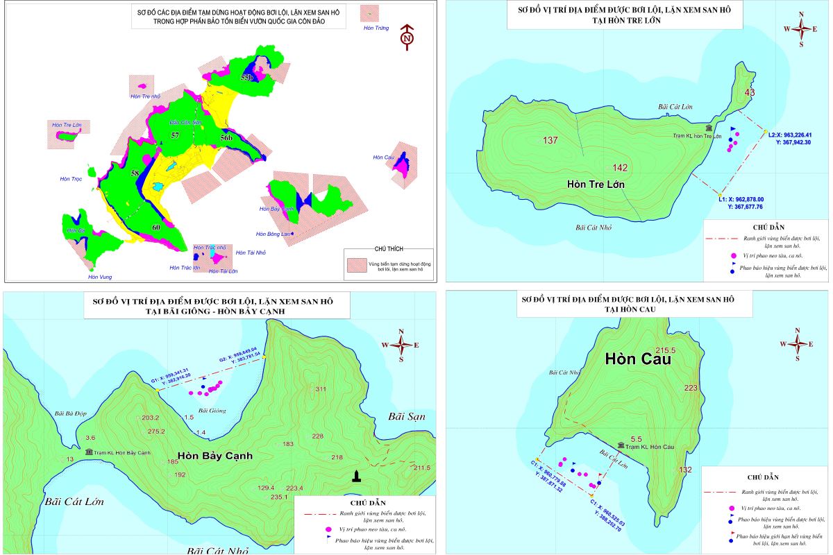 Sơ đồ toàn Côn Đảo, và 3 điểm cho phép bơi lội, lặn ngắm san hô tại Côn Đảo. Ảnh: VQG CĐ