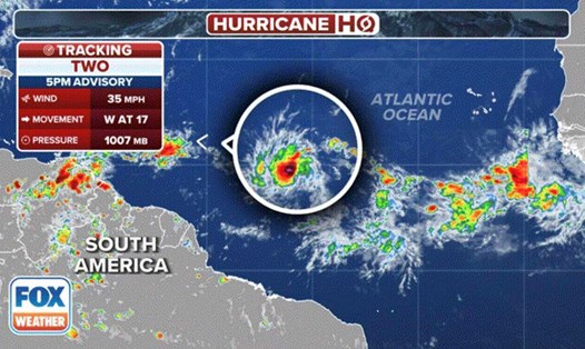 Dự báo báo mới nhất cho thấy áp thấp nhiệt đới có thể mạnh lên thành cơn bão số 2 của mùa bão Đại Tây Dương - bão Beryl. Ảnh: Fox Weather
